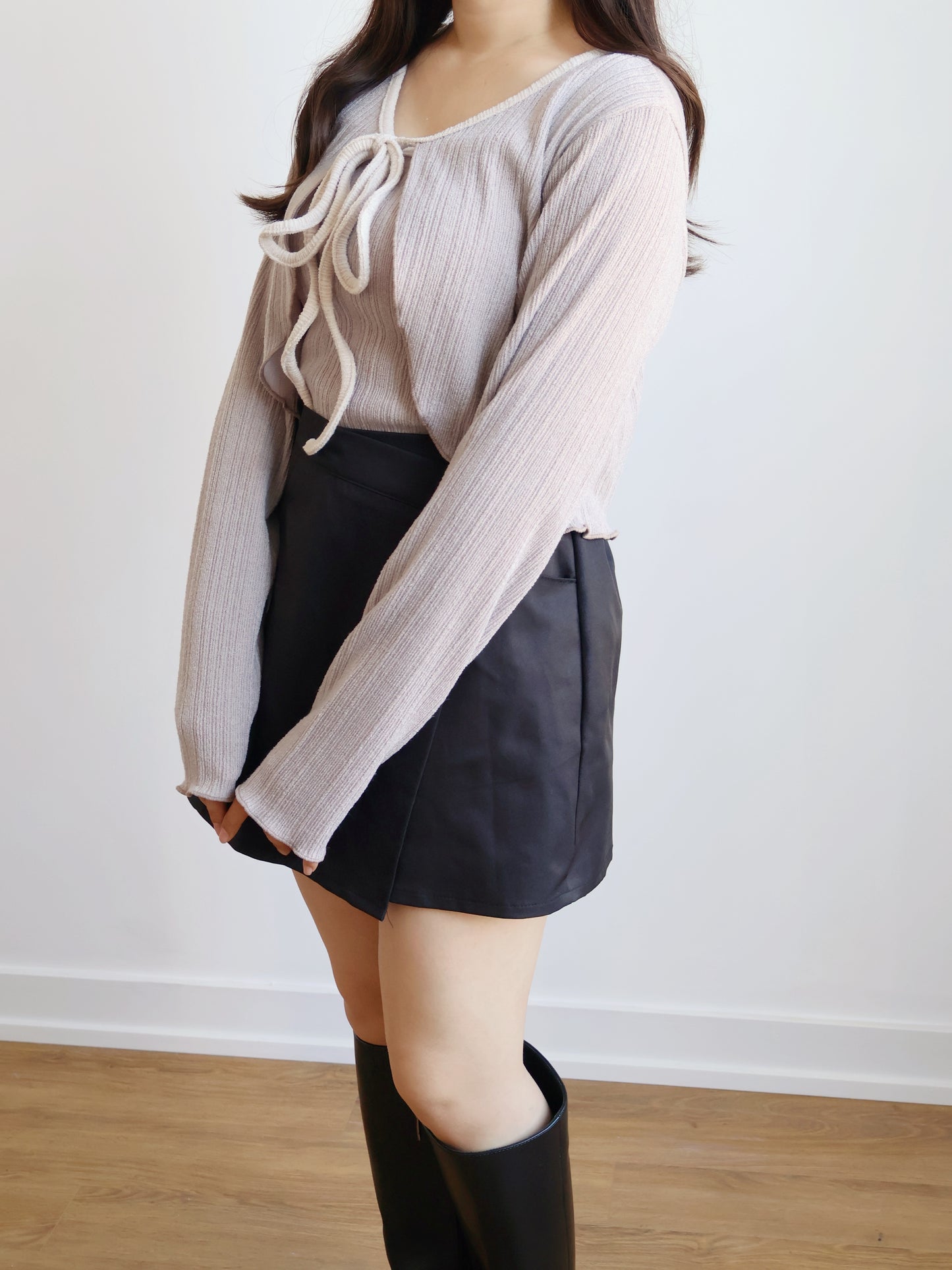 Milky Ribbon Two-Piece Set(Light Brown)