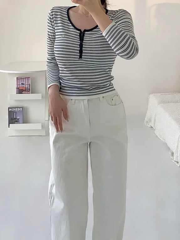 Parisian Striped Henley Knit Top(4 colors)
