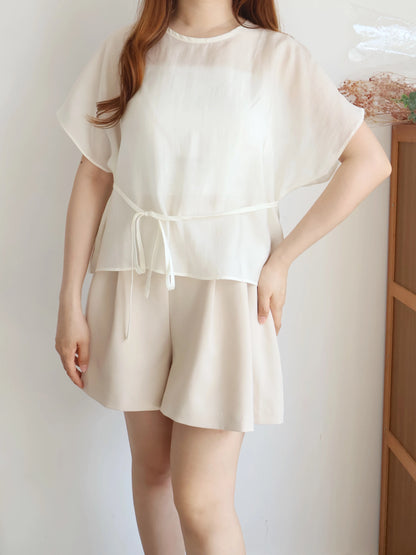 Elegant Tie Detail Flutter-Sleeve Tencel Blouse(Ivory)