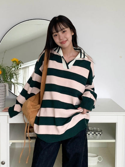Rugby Stripe Oversized Collar Knit Sweater(4 colors)