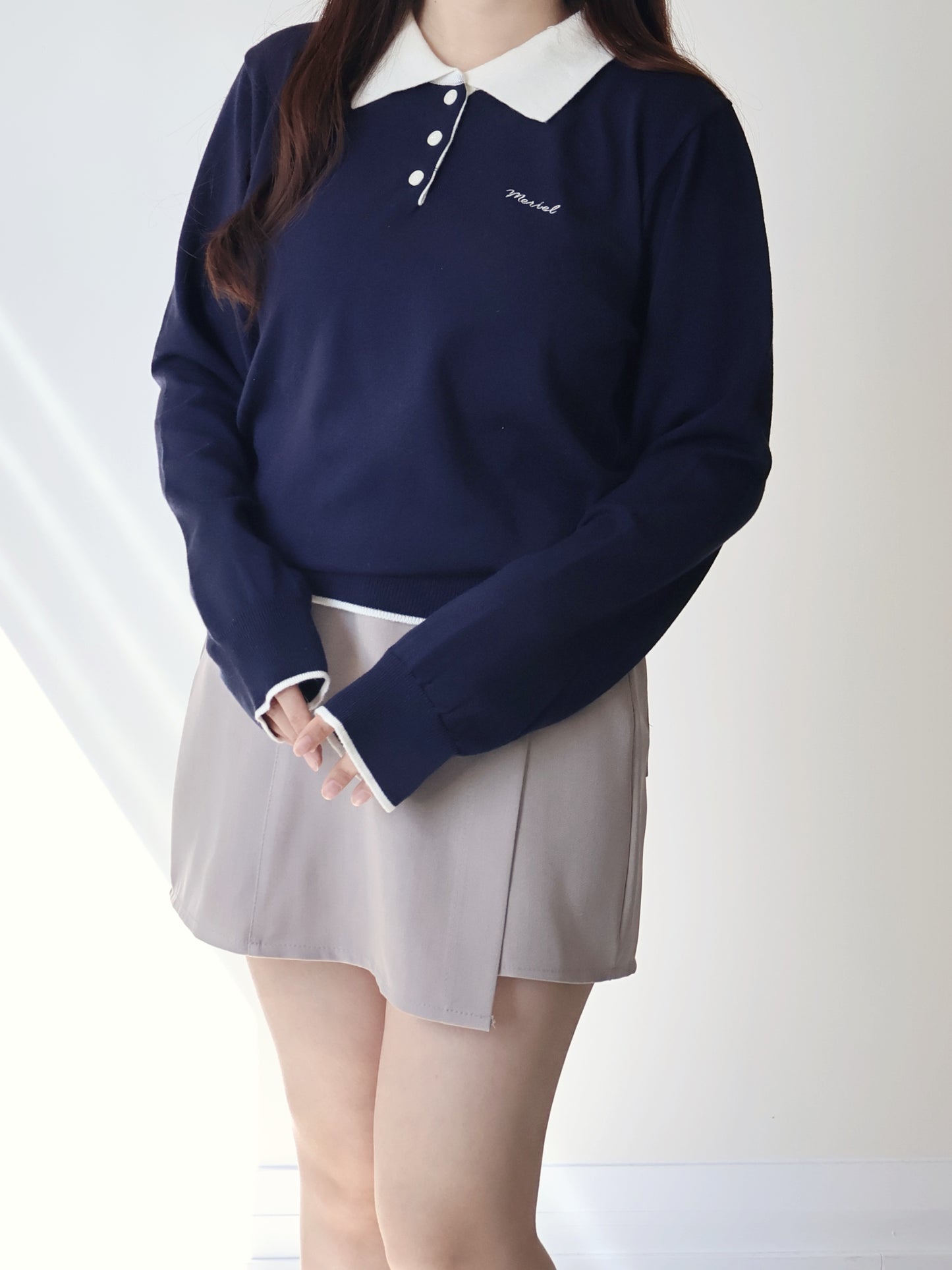 Teddy Collar Colour-Block Embroidered Soft Sweater(Navy)
