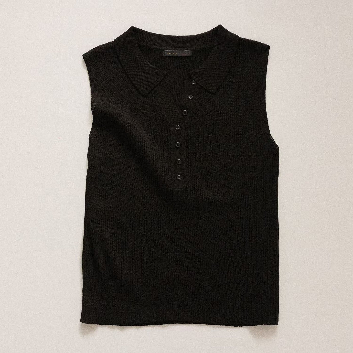 Lapel Half-Button Textured Stretch Knit Tank(2 colors)