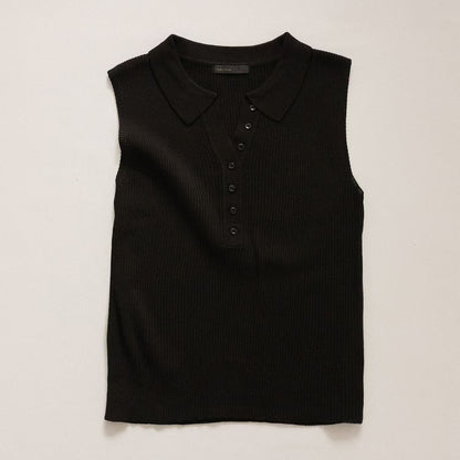 Lapel Half-Button Textured Stretch Knit Tank(2 colors)