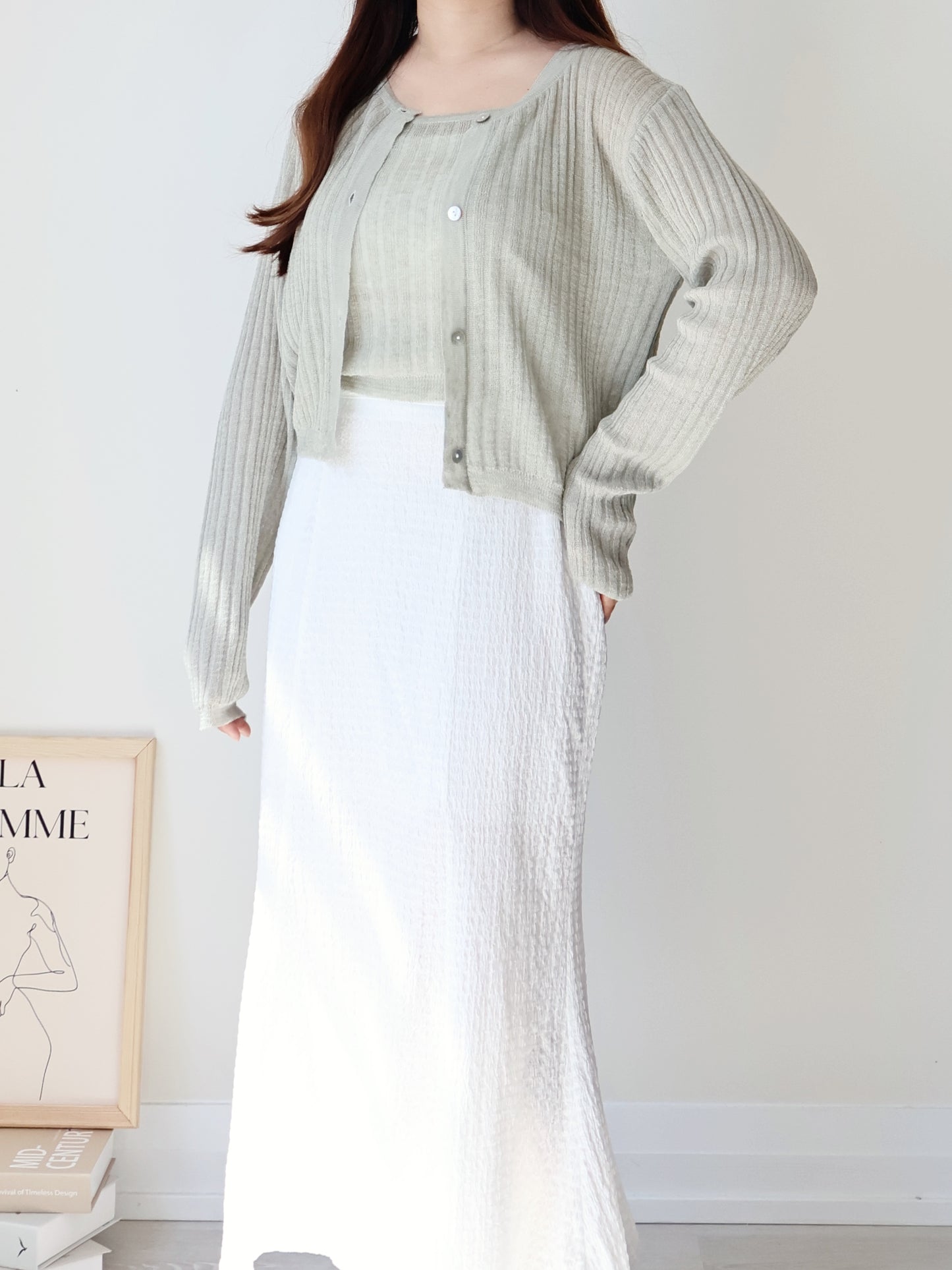 Breezy Cooling Linen Cami + Shell Button Cardigan Set(Matcha)