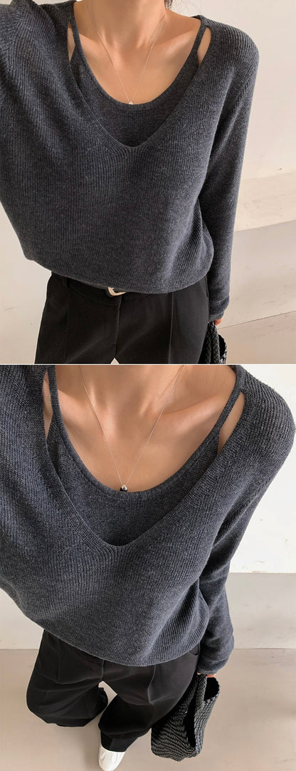 [6% Wool] Flutter V-Neck Attached Halter Knit Top(8 colors)