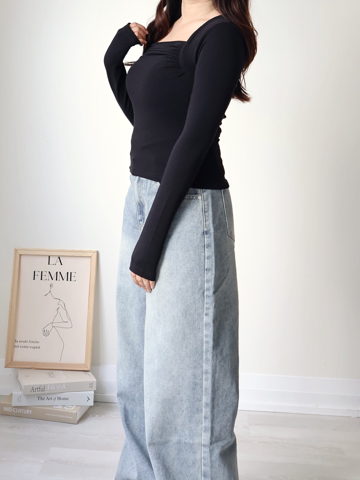 Square-Neck Pleated High-Stretch Top(Black)
