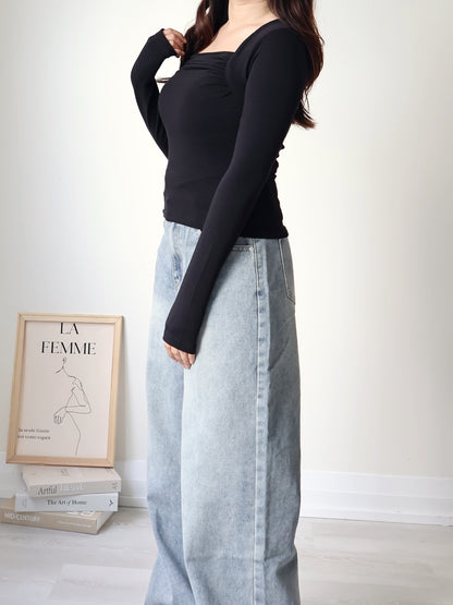 Square-Neck Pleated High-Stretch Top(Black)