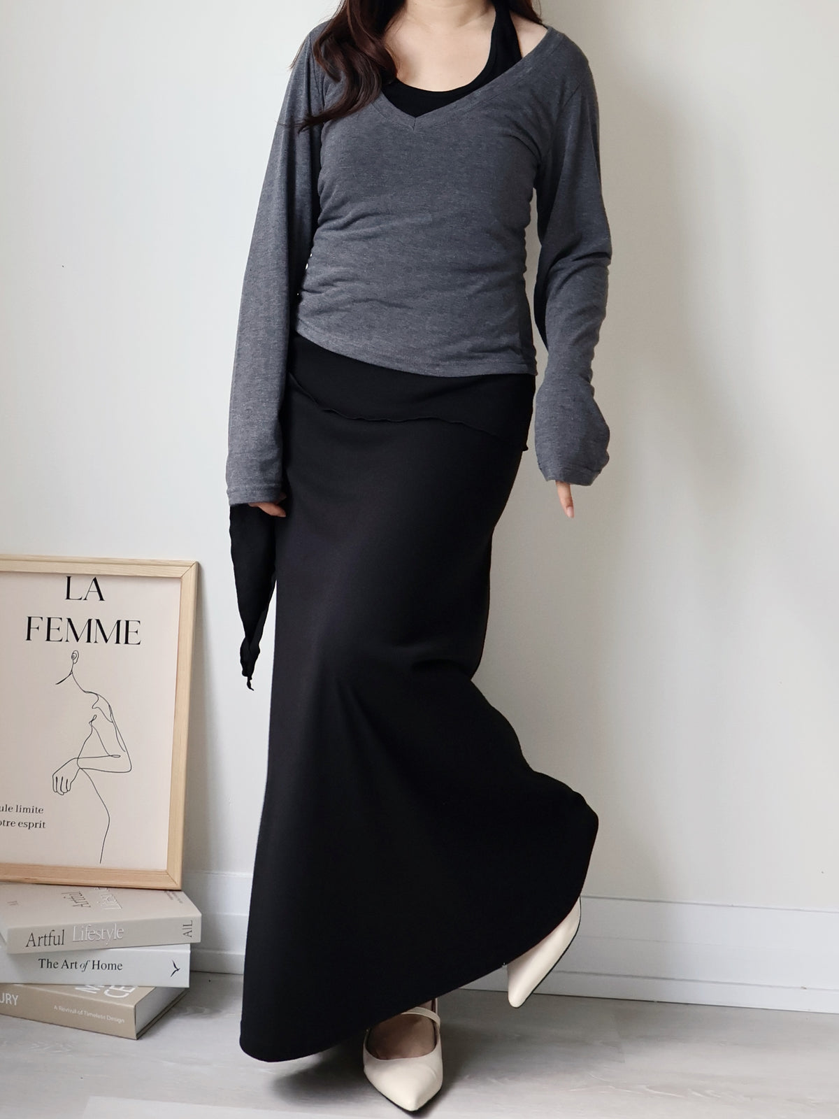Flattering Tie-Waist Cotton Maxi Skirt(Black)