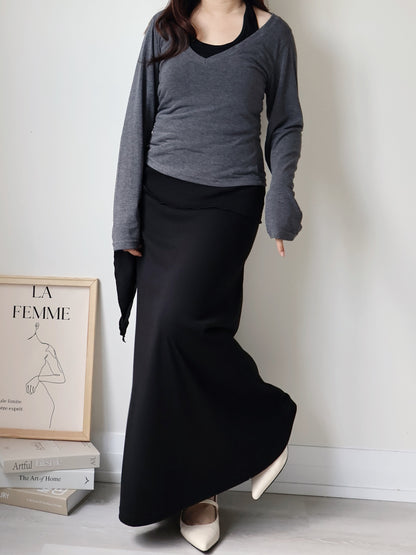 Flattering Tie-Waist Cotton Maxi Skirt(Black)