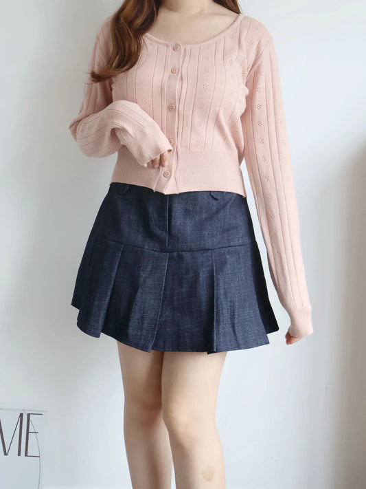 Soft Lace-Trim Eyelet Knit Cardigan(Indipink)