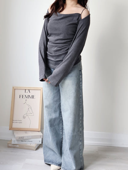 2-Way Draped Neck Strap Off-Shoulder Top(Charcoal)