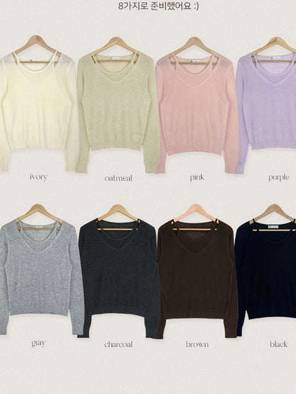 [6% Wool] Flutter V-Neck Attached Halter Knit Top(8 colors)