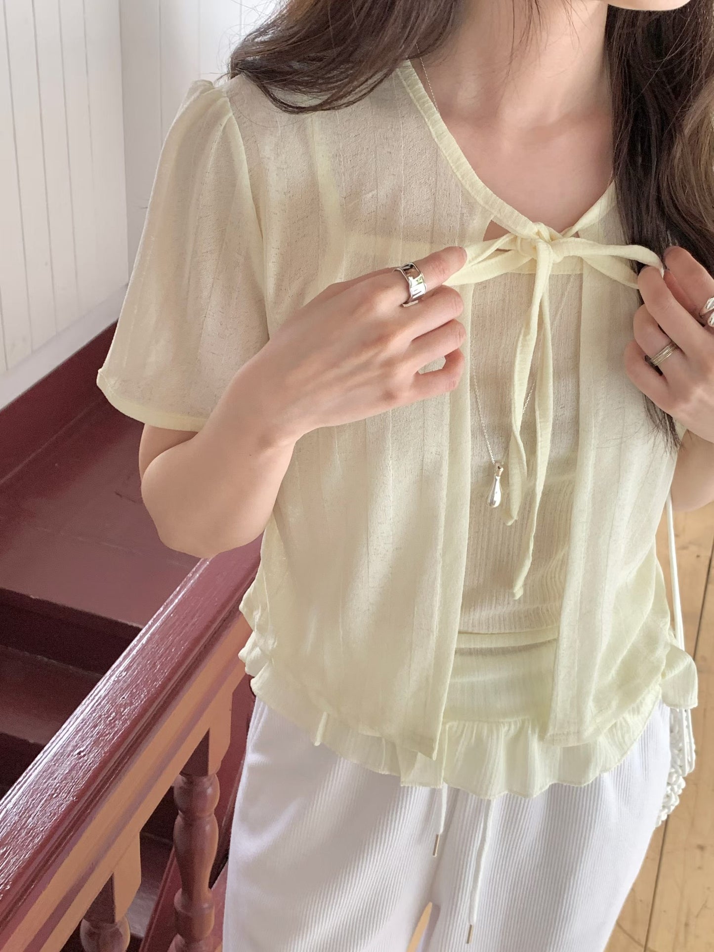 Sweet Ruffle Tie-Front Sheer Cami Set(3 Colors)
