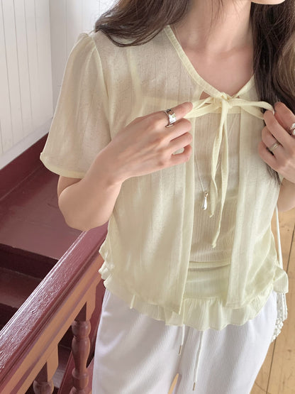 Sweet Ruffle Tie-Front Sheer Cami Set(3 Colors)