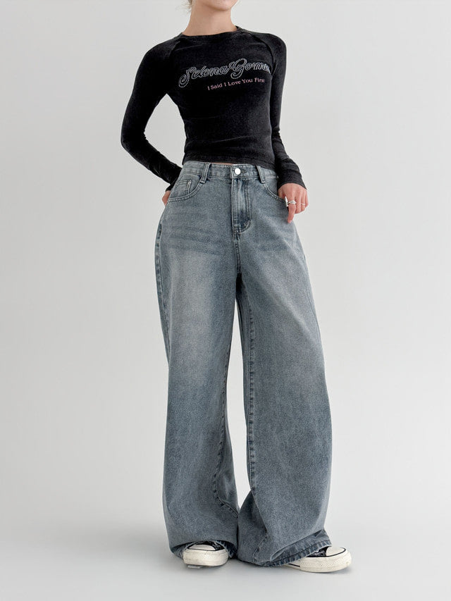 [S-2XL · 3 Lengths] Vintage-Wash Wide-Leg Denim Pants(Dusty blue)