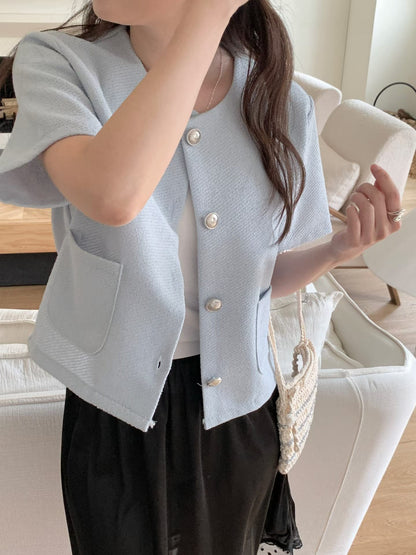 Sophisticated Sculptural Button Tweed Jacket(3 Colors)