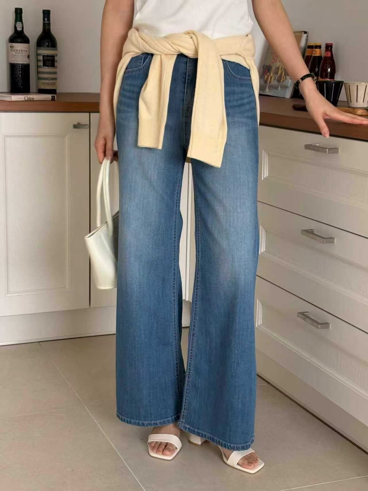 [Half Elastic Waist] Pajama-Soft Lightweight Stretchy Wide-Leg Bootcut Jeans(Dark Blue)