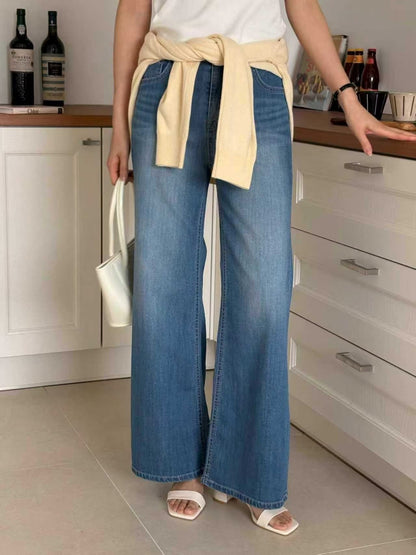 [Half Elastic Waist] Pajama-Soft Lightweight Stretchy Wide-Leg Bootcut Jeans(Dark Blue)