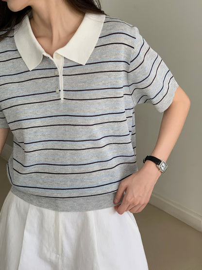 Summer Striped Collared Lightweight Linen Top(3 Colors)