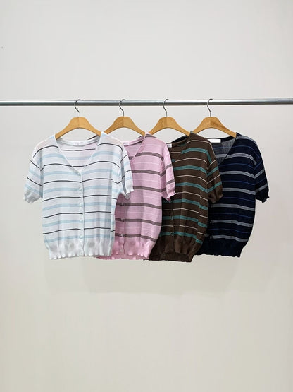 V-Neck Fresh Striped Knit Cardigan(4 colors)