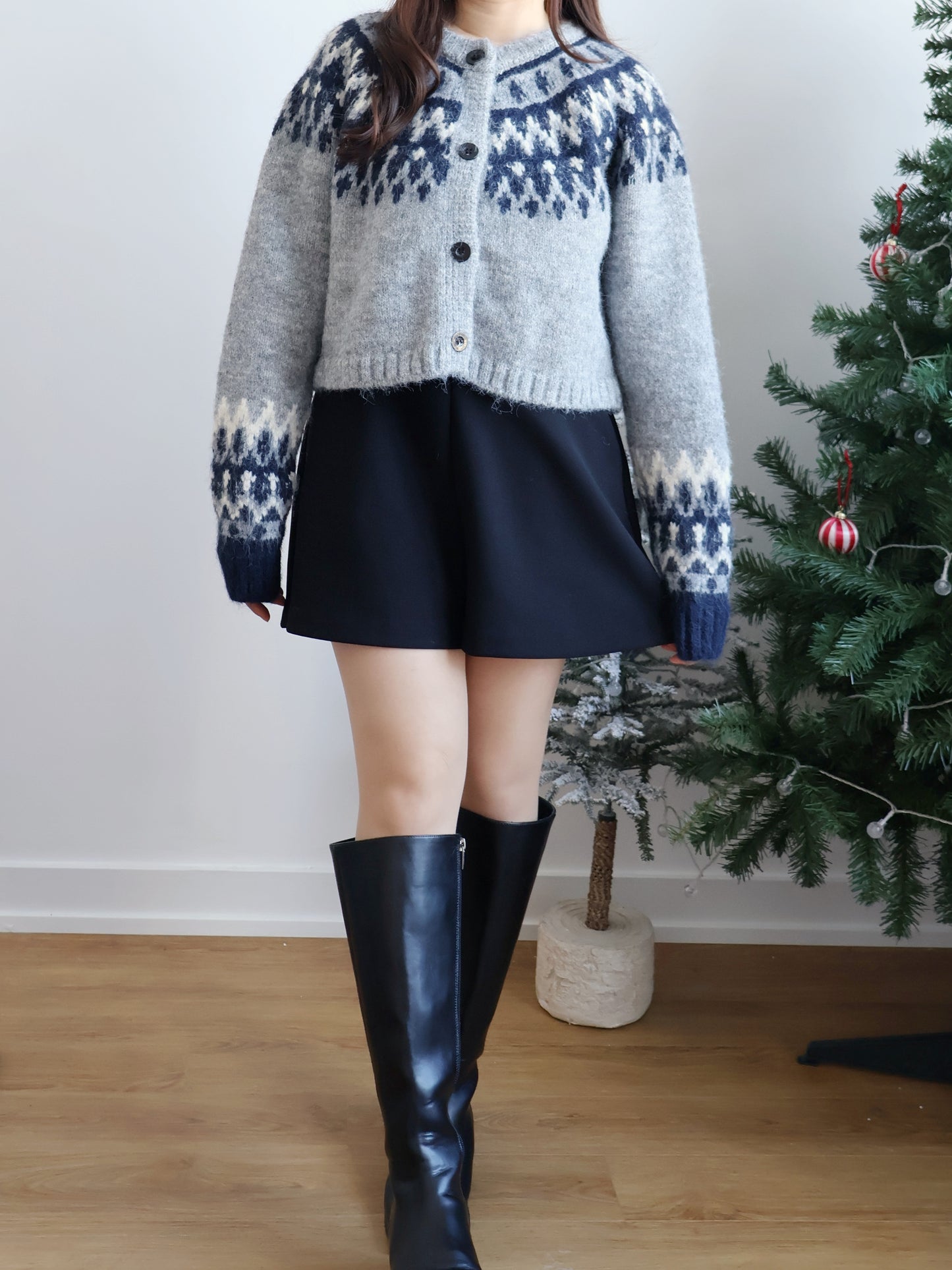 [10% WOOL🐏] Nordic Gradient Snowflake Cardigan(Grey)