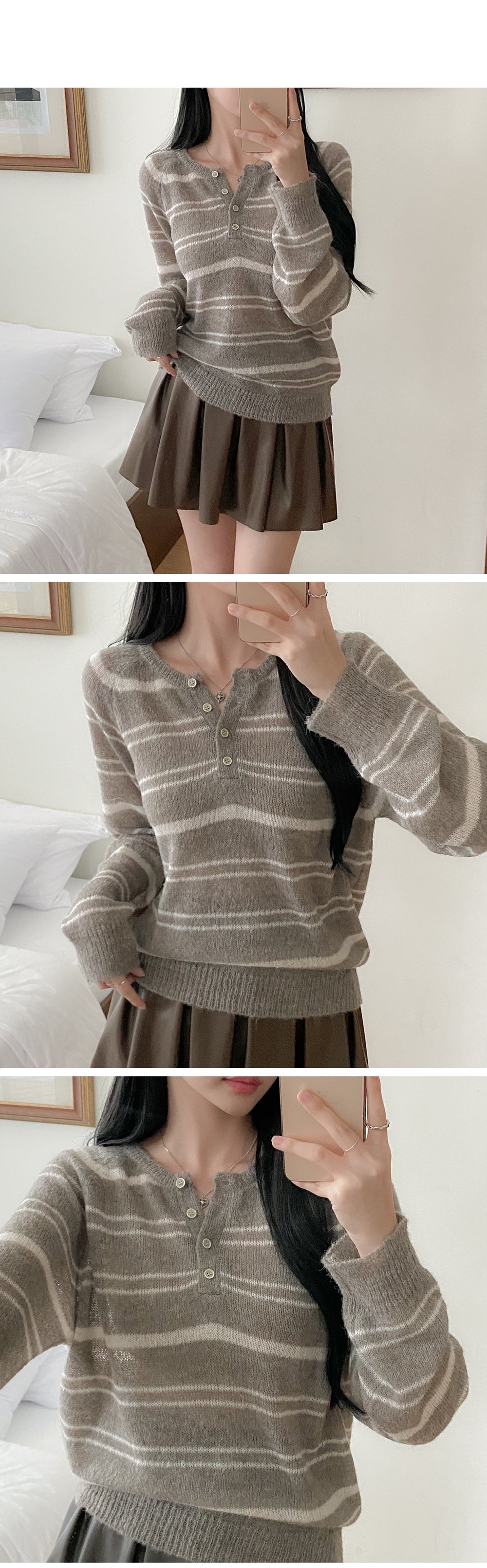 Button-Neck Relaxed Fit Striped Sweater(4 colors)