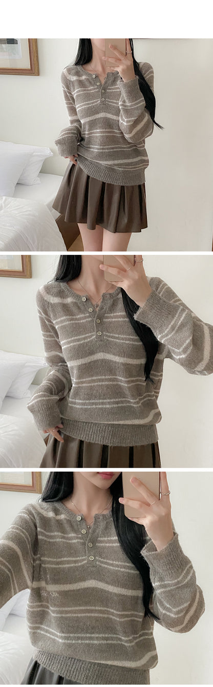 Button-Neck Relaxed Fit Striped Sweater(4 colors)