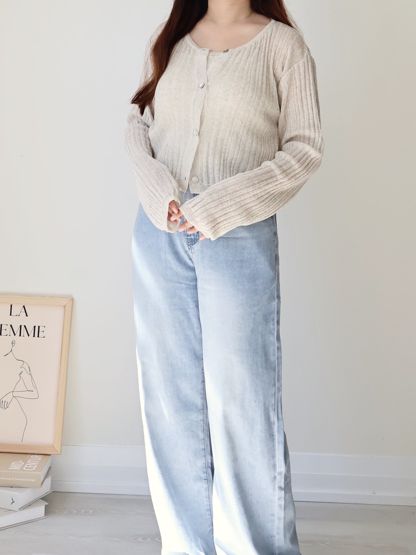 Breezy Cooling Linen Cami + Shell Button Cardigan Set(Oatmeal beige)