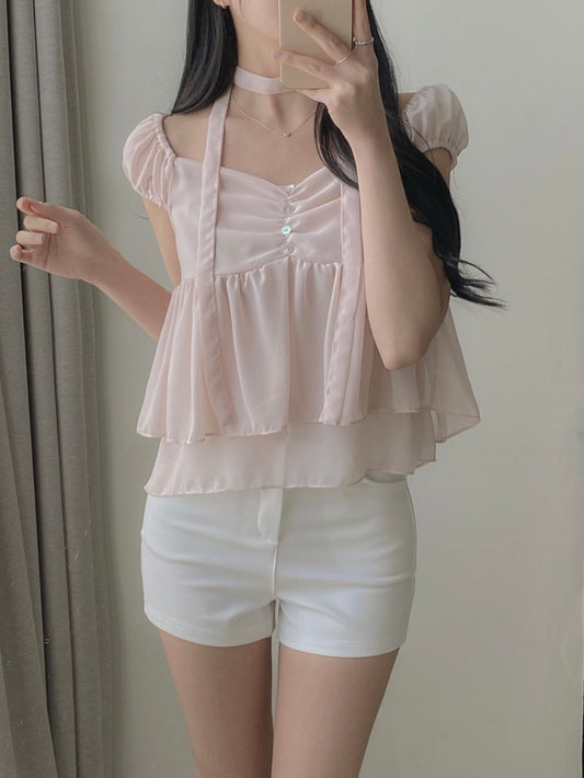 2-Way Flowy Tiered Puff-Sleeve Chiffon Blouse(3 Colors)