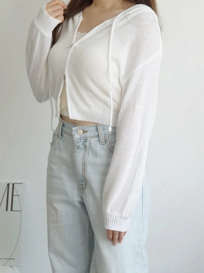 [3-WAYS] Sporty Hooded Zip Knit Cardigan(Ivory)