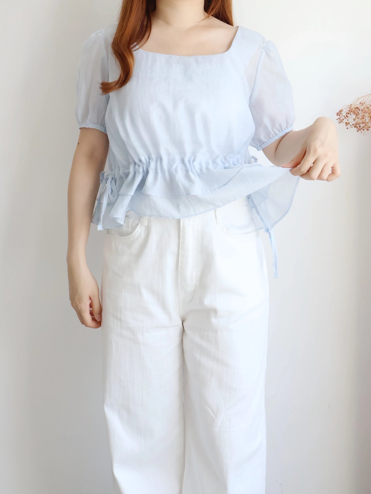 Airy Square-Neck Cinched Chiffon Blouse(Sky blue)