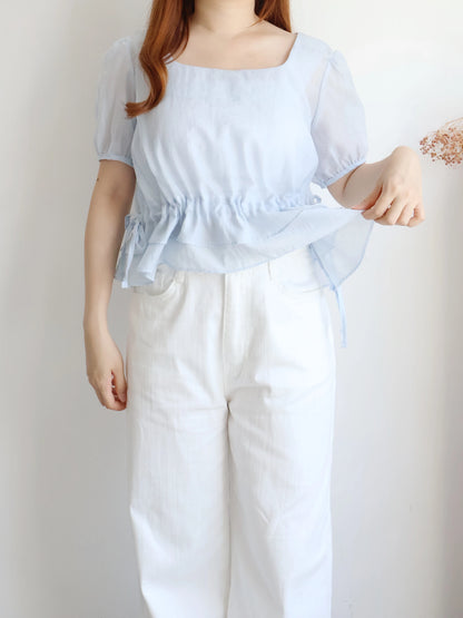 Airy Square-Neck Cinched Chiffon Blouse(Sky blue)