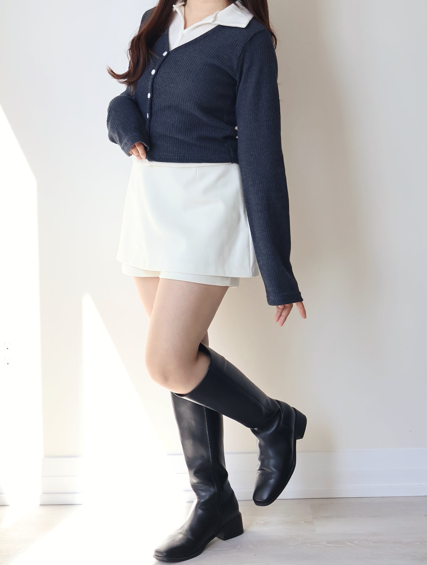 Faux Layered Lapel Button Top(Charcoal)