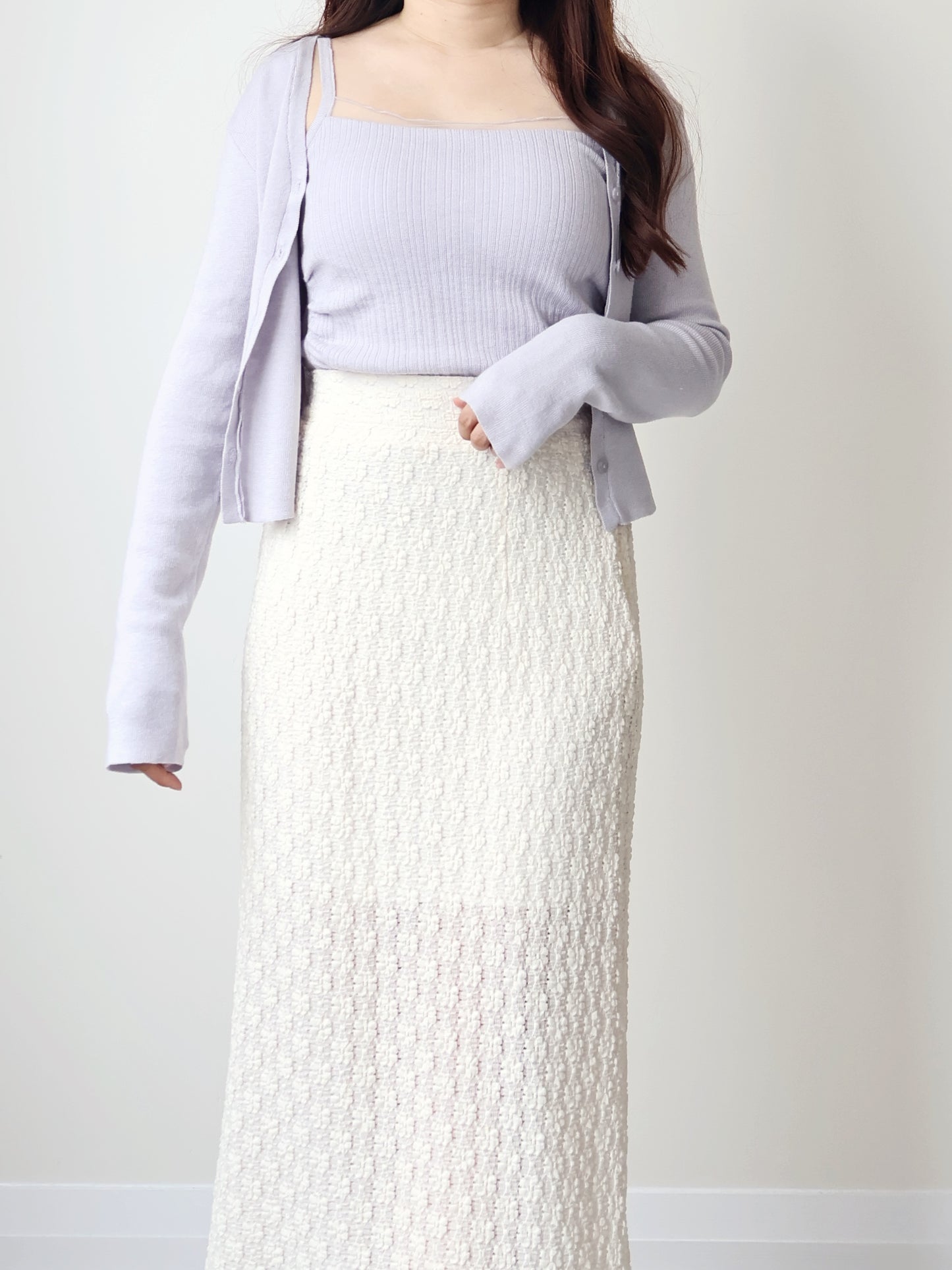 [2-Piece Set] Romantic Semi-Sheer Padded Camisole with Ultra-Soft Cardigan(Lavender)