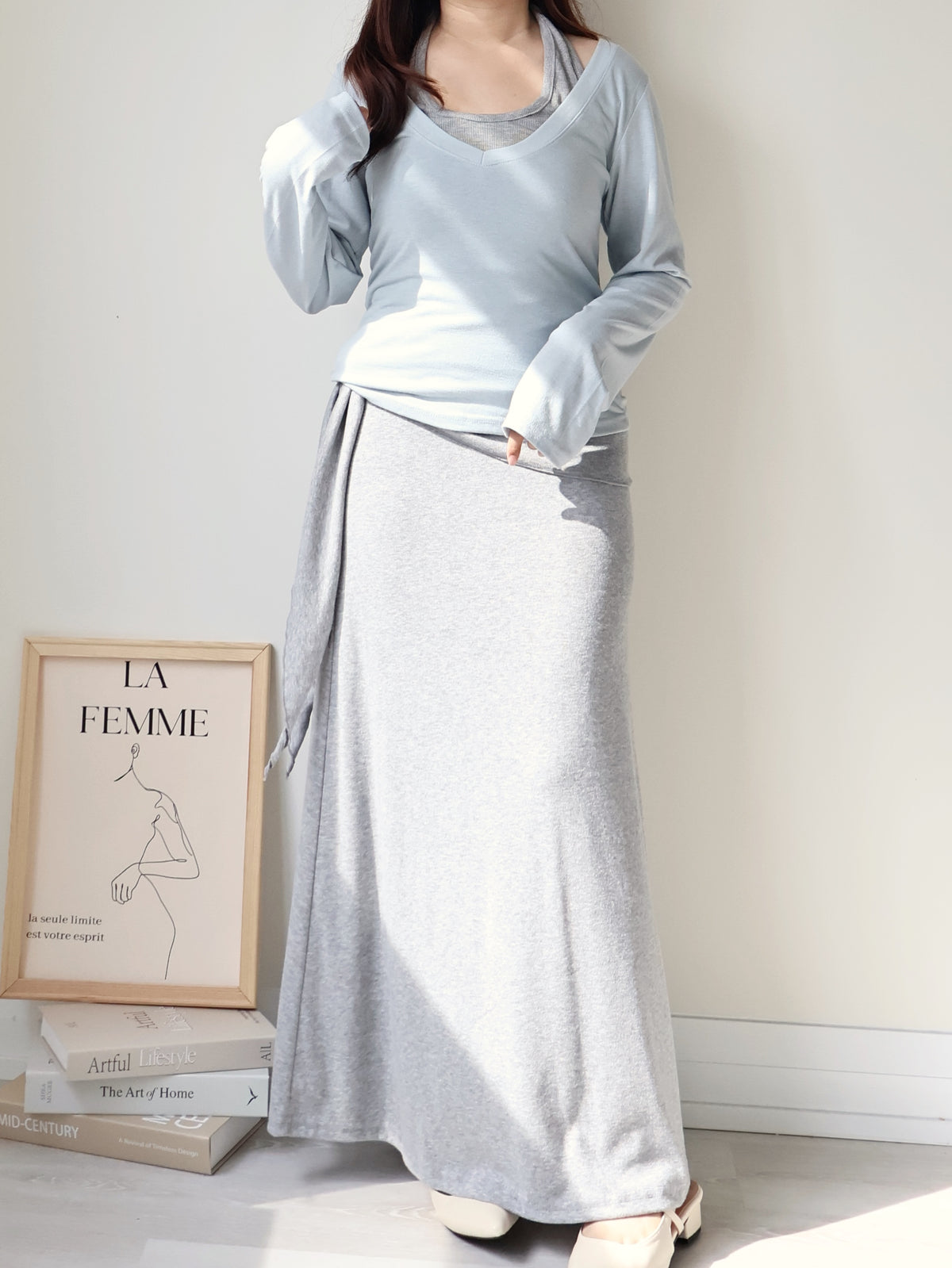 Flattering Tie-Waist Cotton Maxi Skirt(Grey)