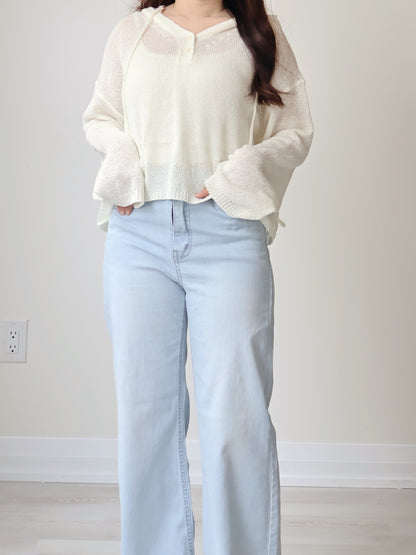 Relaxed 2-Button Hooded UV knit Top(Ivory)