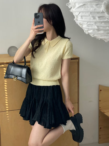 Soft Cozy Collared Feather-Yarn Knit Top(4 Colors)