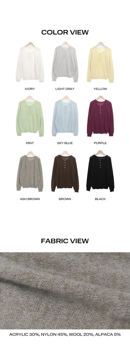 [20% wool] Henley Neck Loose-Fit Basic Knit Top(9 colors)