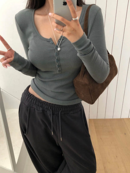 Henley Ribbed Cotton Top(5 colors)