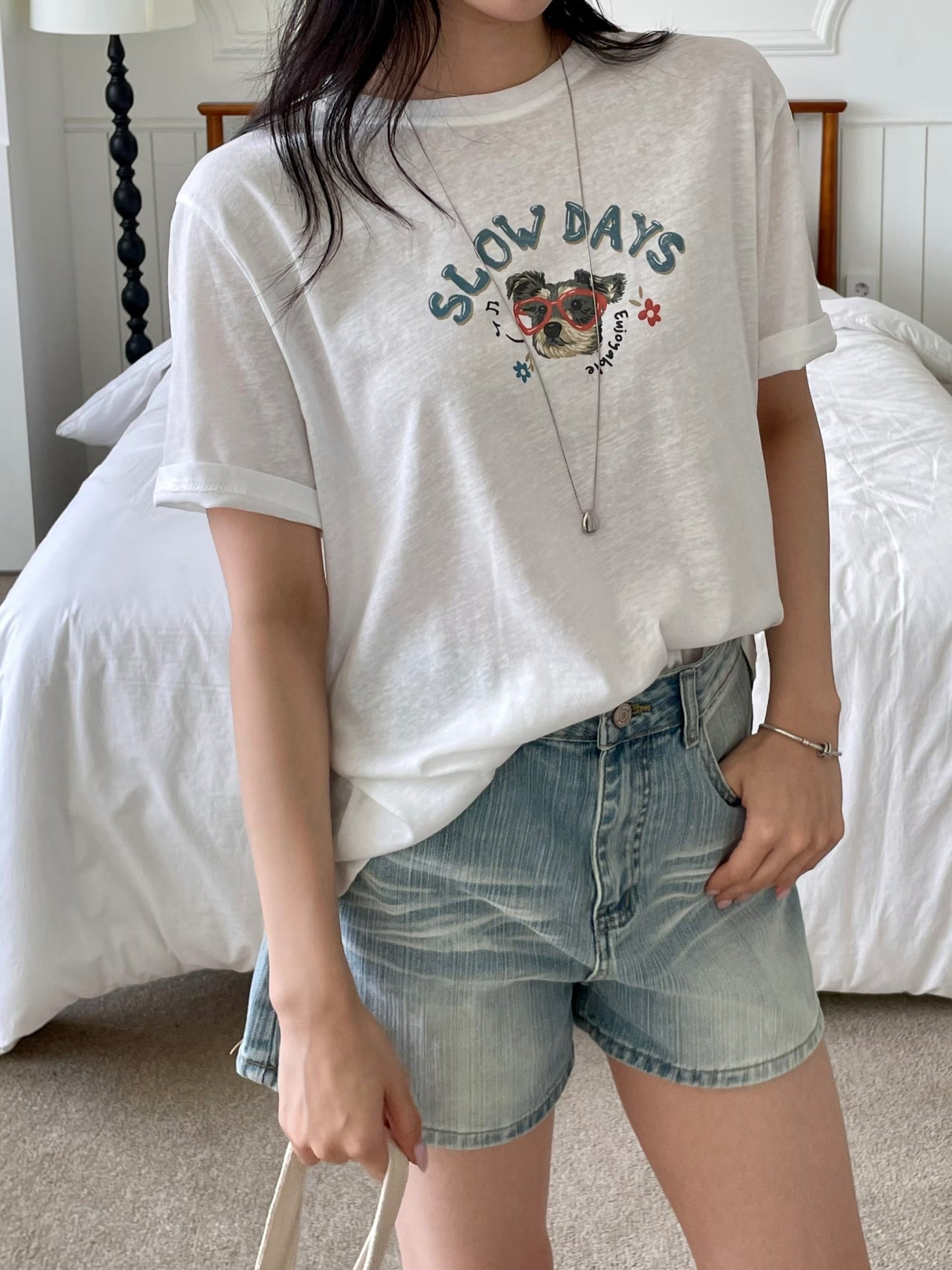 Oversized Slow Days Dog Graphic Cotton T-Shirt(3 Colors)