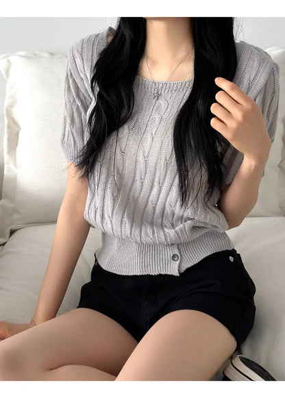 Daily Square Button Cable Knit Top