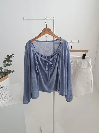 Airy Relaxed Linen Cami & Cardigan 2-Piece Set(Blue)