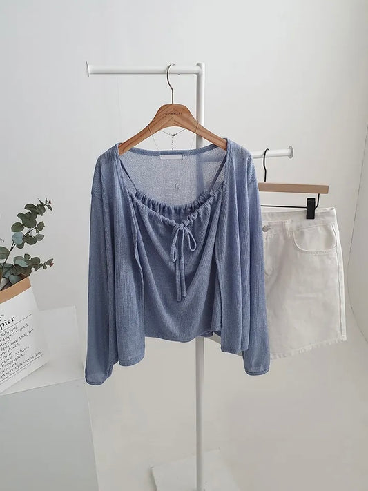 Airy Relaxed Linen Cami & Cardigan 2-Piece Set(Blue)