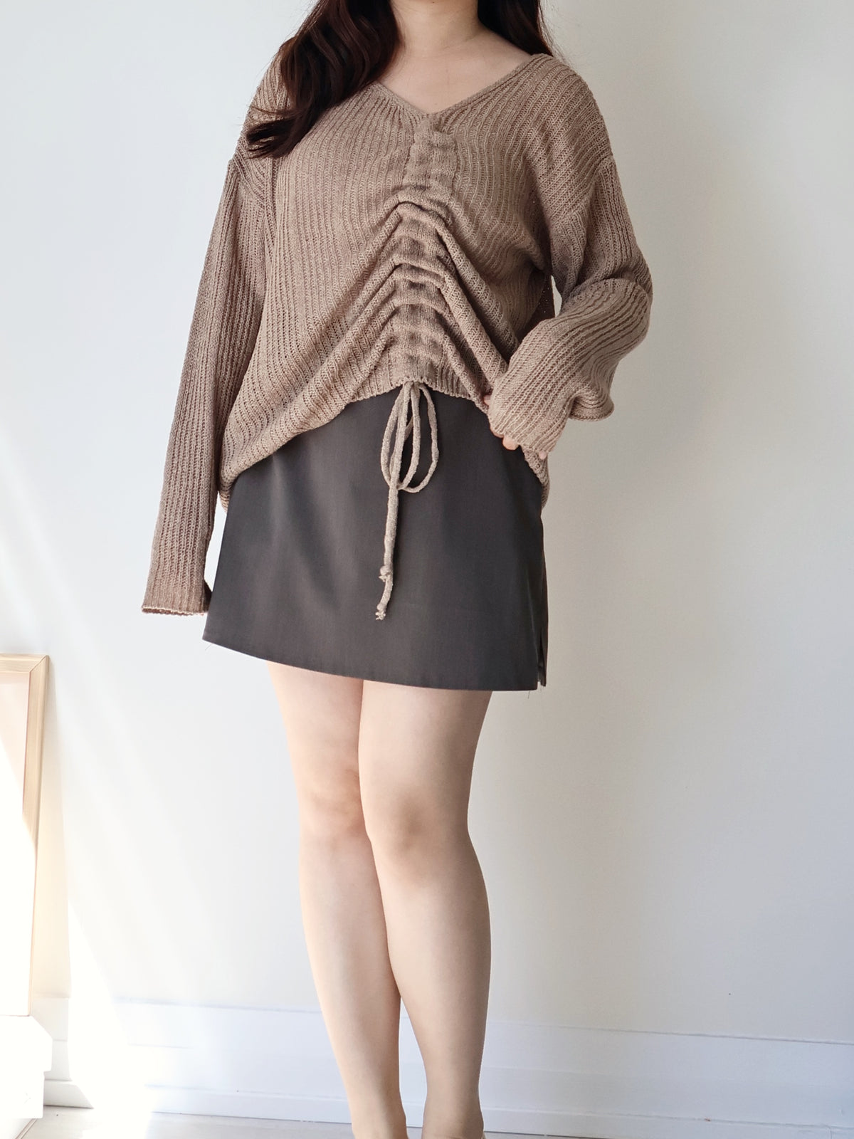 Effortless Drawstring Relaxed-Fit Knit Top(Brown)