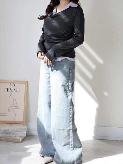 Layered Shirt-Collar Top(Charcoal)