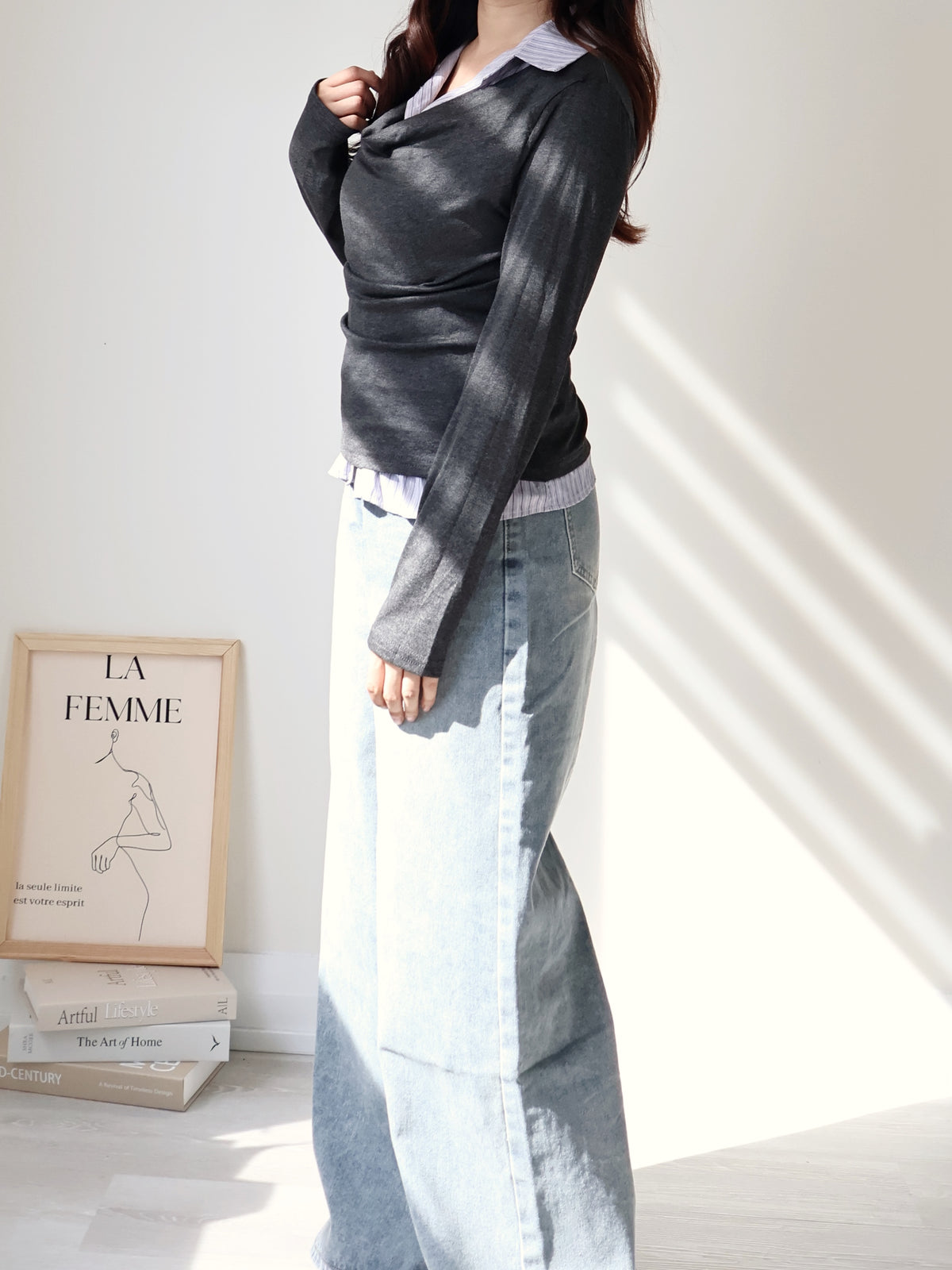 Layered Shirt-Collar Top(Charcoal)