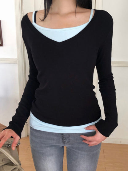 Vivid Layered V-neck Cami & T-Shirt 2-Piece set(4 colors)