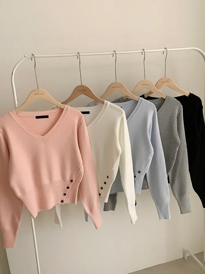 V-Neck Buttons Cinched-Waist Knit Top(5 colors)