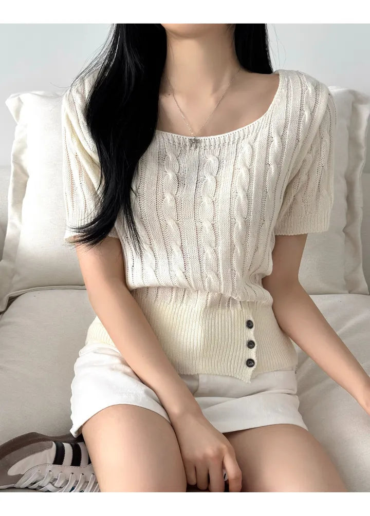 Daily Square Button Cable Knit Top