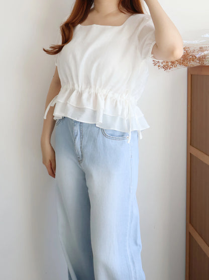 Airy Square-Neck Cinched Chiffon Blouse(Ivory)